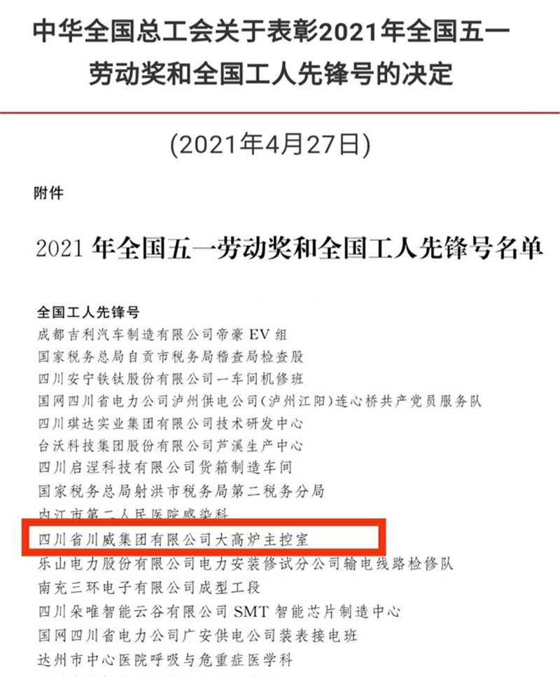 川威釩鈦科技大高爐主控室榮獲全國工人先鋒號(hào)(圖1)
